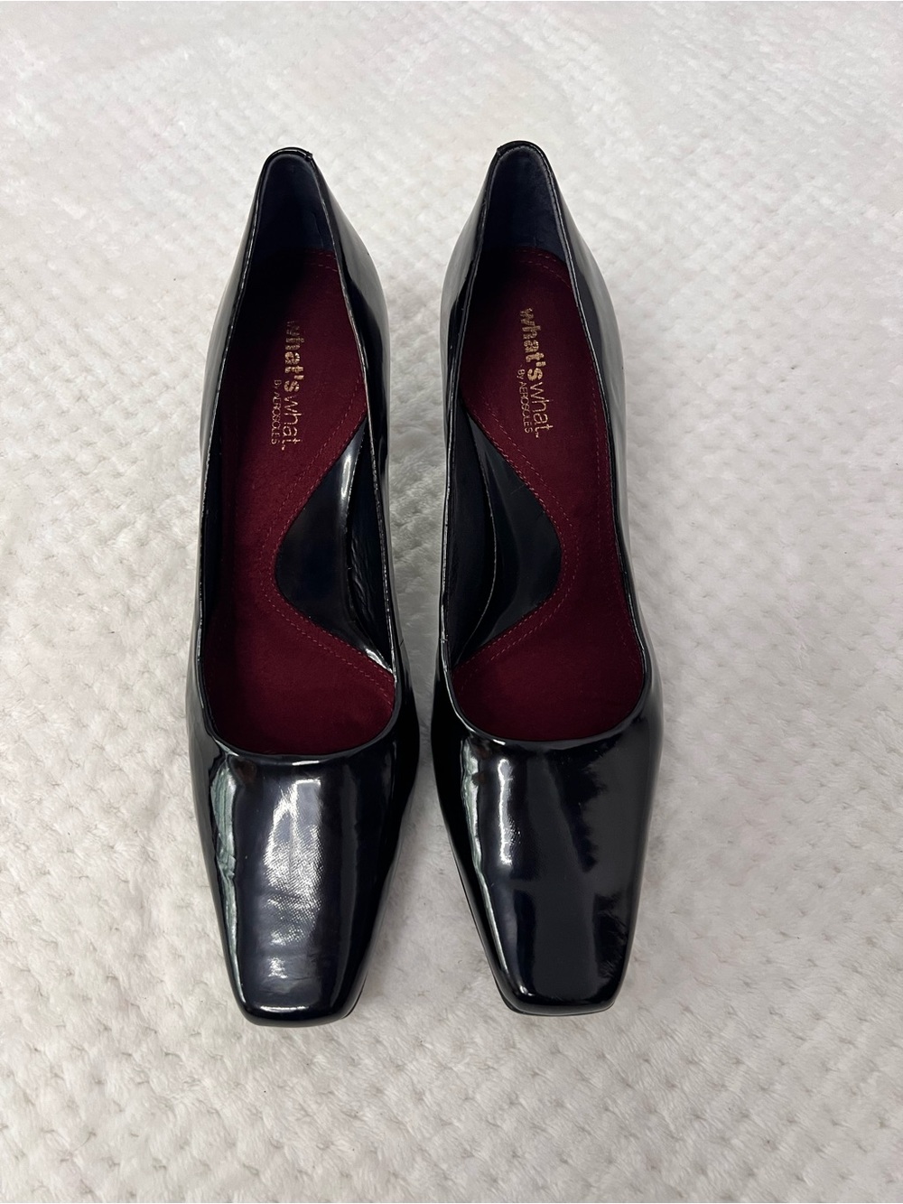 AEROSOLES Black Patent Square-Toe Pumps with Burgundy Insole